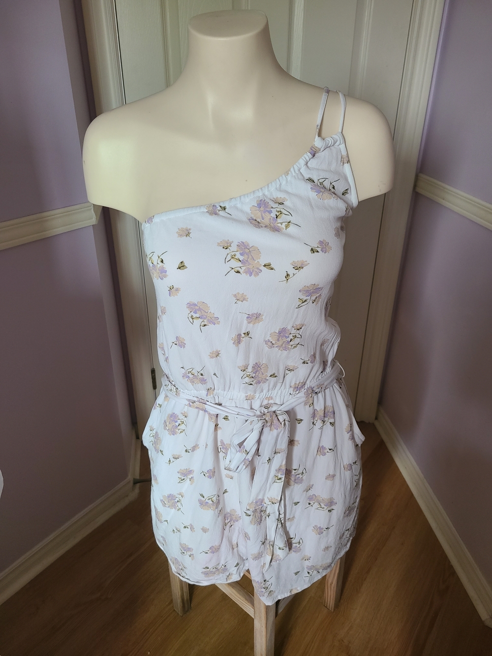 American Eagle Outfitters White Floral One-Shoulder Romper